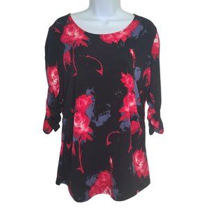 PREMISE STUDIO Women's Draped Black Blouse with Red Florals Size XL (Like M/L)